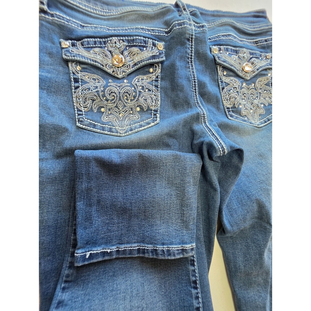 APT 9 Womens Jeans Size 14 Blue Rhinestone Embroidered Flap Pocket Y2K Stretch